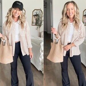 Women's Brown White Striped Button Down Shirts Casual Long Sleeve Stylish Tops.